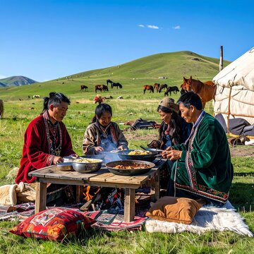 Nomadic Mongolian Family Cooking Traditional Meal Outside Their Ger.