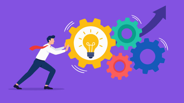 Businessman pushing large yellow gear with glowing lightbulb creating progress with arrow.