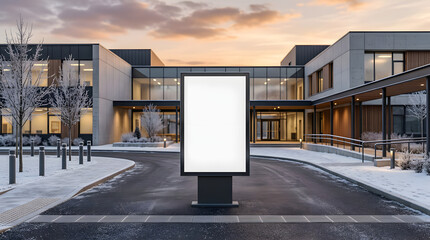 Naklejka premium Blank vertical billboard mockup in front of modern building in winter at sunset