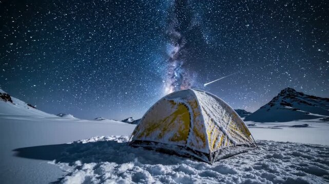 Yellow tent covered in snow on vast white landscape under dark starry night sky with bright Milky Way galaxy and distant mountains, winter camping scene with no people present.