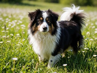 Obraz premium Black, white dog with brown markings walks through meadow. Long-haired breed bushy tail. Green field dotted with white flowers surrounds canine. Dog turns head towards camera strolling outdoors.