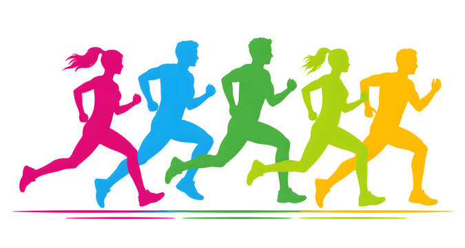 a clean modern flat vector illustration of five runners moving dynamically from left to right in a horizontal composition