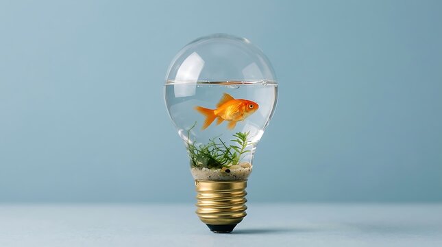 Goldfish swimming inside a glass light bulb aquarium on a blue background