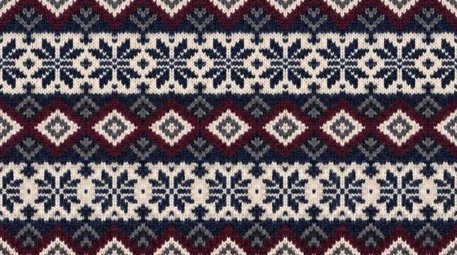 Seamless festive winter pattern with traditional nordic style snowflakes and geometric shapes in white and dark colors