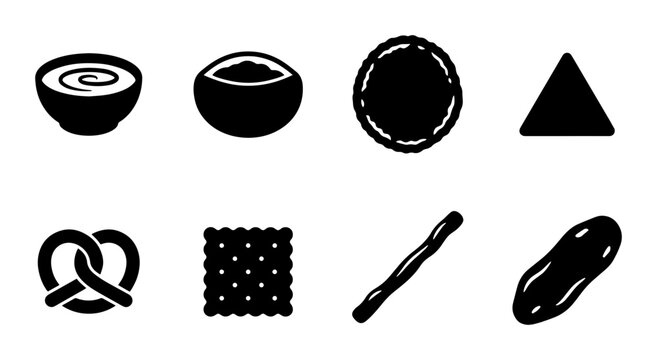 8 Food and Snack Silhouette Icons, Flat, for Culinary and Party Themes