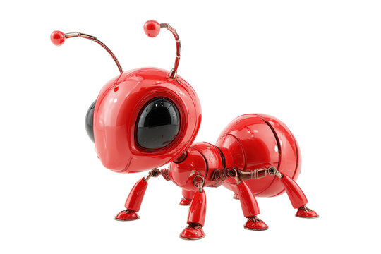 Red metallic ant sculpture with big eyes during studio lighting for whimsical concept, isolated on transparent background