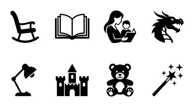 8 Children's Story Icons Silhouette Set, flat, for imagination and childhood themes