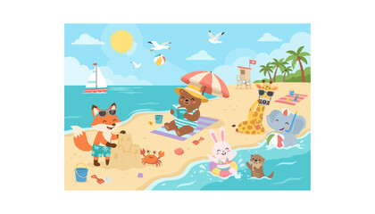Fototapeta premium Cute cartoon animals enjoying summer beach vacation with bear fox rabbit giraffe elephant and ocean scenery vector illustration
