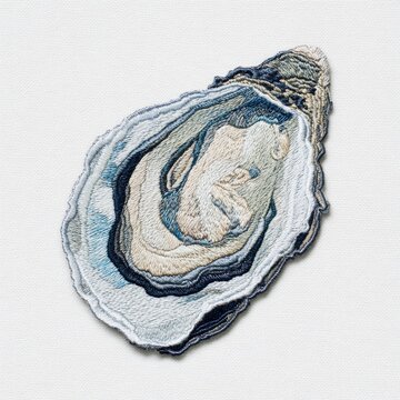 Embroidered Oyster Shell Patch On Textured White Fabric Surface High Angle View