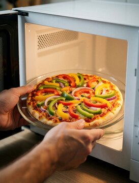 Man places vegetable pizza on glass plate into microwave oven. Person heats food for quick meal. Kitchen appliance prepares fast snack, easy lunch or dinner. Cheese melts on crust.