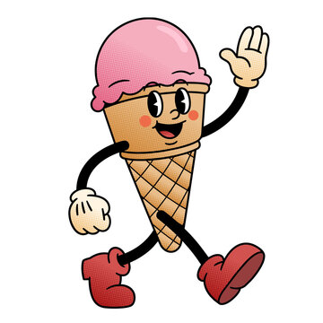 Happy Cartoon Ice Cream Cone Mascot Walking and Waving With Pink Scoop Retro Pop Art