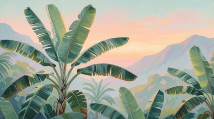 Fototapeta premium Tropical banana tree wallpaper with pastel tones. Exotic jungle landscape mural art shows large green leaves under soft sunset sky. Botanical summer background design features mountains, calm warm
