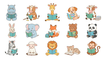 Fototapeta premium Cute Animal Character Vector Set Reading Books for Kids Education School Library Illustrations and Children Nursery Storybook Graphic Designs