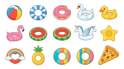 Obraz premium Inflatable Pool Float and Swim Ring Vector Icon Set with Fun Animal Fruit and Food Shapes for Summer Beach Vacation Graphic Designs