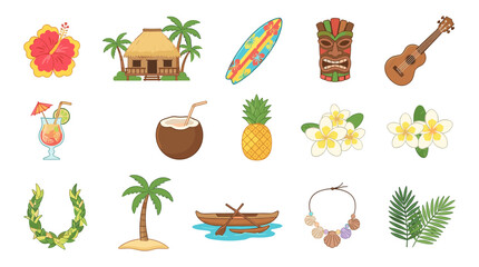 Tropical Hawaii Travel Vector Icon Set with Tiki Mask Surfboard Bungalow and Exotic Flowers for Summer Vacation Graphic Designs © MstZaheda