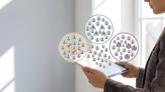 Person holding tablet showing network of people icons and data clusters