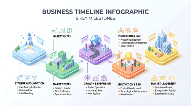 Business Timeline Infographic: A visually engaging infographic detailing five key business milestones, from startup and foundation to market leadership, presented in an isometric style.