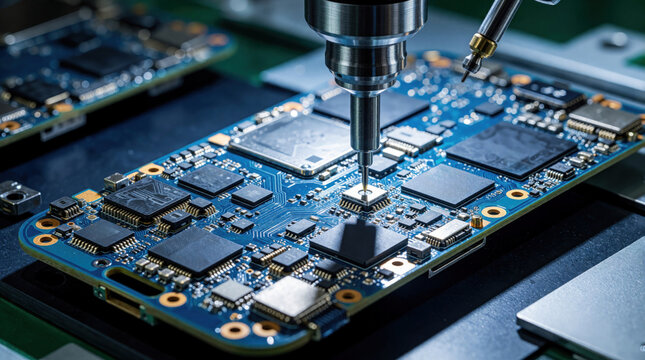 Automated machine precisely places microchip on circuit board. Robotic arm works on PCB assembly line, building electronic device for mass production.