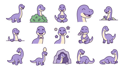Cartoon purple dinosaur icons in various emotional poses. © Aditiya
