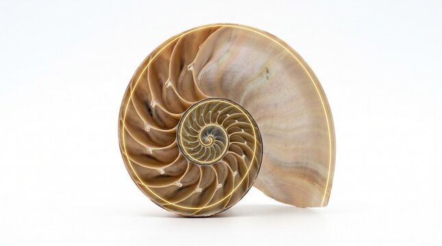 Fibonacci spiral nautilus shell glowing overlay white background