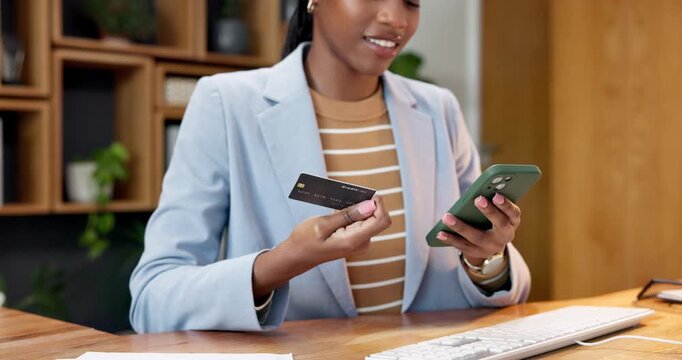 Businesswoman, hands and phone in office with credit card, eft transaction and settlement of bills. Happy, female person and typing in workplace with tech, company expense and app for online payment.