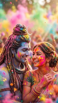 Shiva Parvati Holi Portrait &ndash; Divine Couple Celebrating Colors