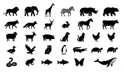 Fototapeta premium Diverse Animal Silhouettes Vector Set, Wildlife and Domestic Creature Icons