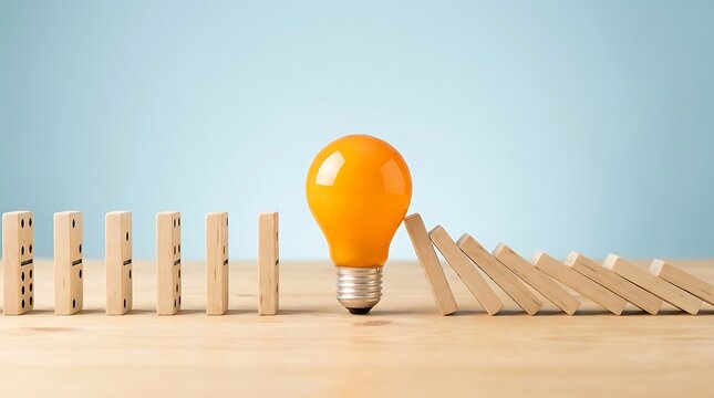 Yellow light bulb stopping a row of falling wooden dominoes on a wooden table surface