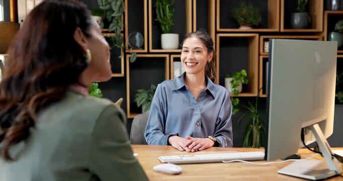 Business people, handshake or interview in office with smile, introduction or welcome for onboarding. Hiring process, HR manager or applicant shaking hands, promotion or recruitment opportunity at PC