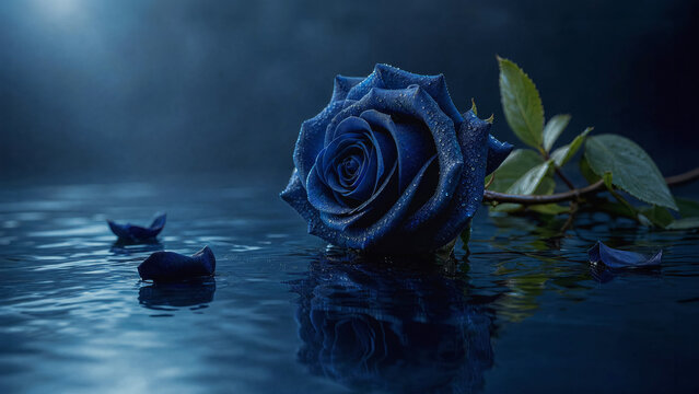 Blue Rose with Water Drops on a Mysterious Water Surface