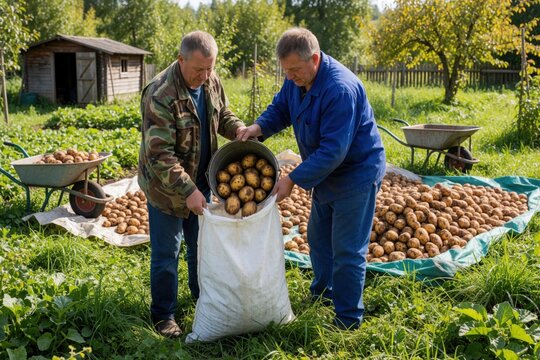 Two middle aged men harvest organic potatoes in sunny garden. Transfer fresh vegetables from metal bucket into large white sack. Wheelbarrow, tarp with many potatoes lie on green grass near wooden
