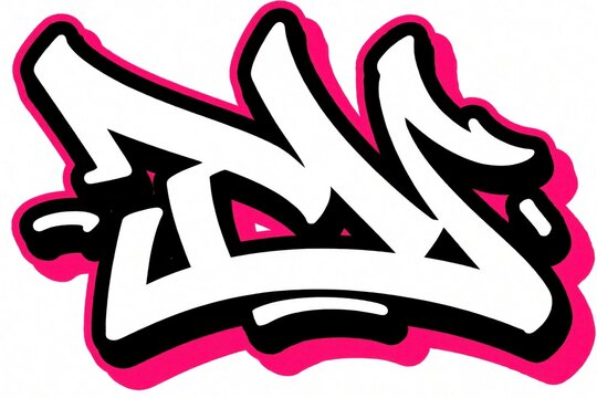 Colorful wildstyle graffiti letter D illustration. Bright pink background with white urban street art style. Creative alphabet character design features bold black outlines, abstract spray paint