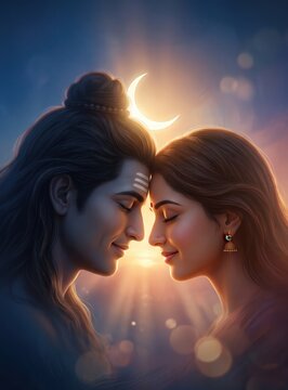 Shiva Parvati Divine Union &ndash; Forehead Touch Devotional Portrait