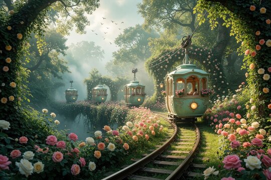 Whimsical pastel tram cars travel on rails through rich green forest. Enchanting fantasy houses glide along garden tracks surrounded by colorful rose bushes. Dreamy fairytale landscape with flowers,