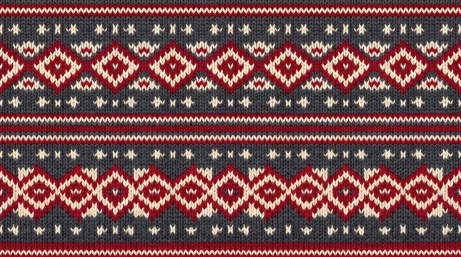Norwegian knitted pattern with geometric diamonds and stars in red and cream on grey