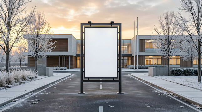 Blank vertical billboard mockup in front of modern building in winter