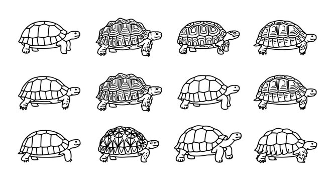 12 Turtle Icons Outline Style, Set of Tortoise Illustrations for Wildlife and Nature Themes