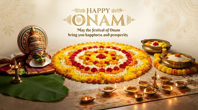 Happy onam festival greeting card featuring a circular floral pookalam design, traditional oil lamps, and kathakali mask