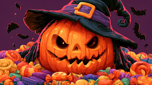 halloween pumpkin and witch