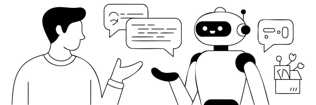 Minimalist chatbot customer service illustration. Human and robot conversation concept with speech bubbles. Black and white line art vector graphic for website design and technology interface