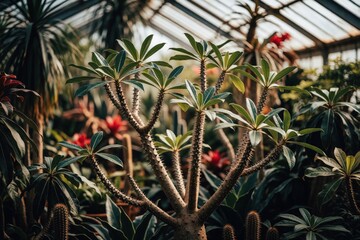 Obraz premium Prickly Pachypodium plant with green leaves grows in a greenhouse. Thorny branches and exotic flora thrive amidst other Madagascan vegetation.