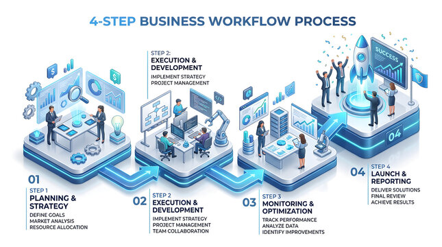 4-Step Business Workflow Process: An infographic illustrating a systematic 4-step business workflow, from planning and strategy to execution, development, monitoring, optimization.