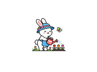 Fototapeta premium Cheerful White Bunny Wearing A Blue Polka Dot Hat And Apron Watering Red Yellow And Pink Tulips With A Red And White Watering Can Accompanied Vector Illustration