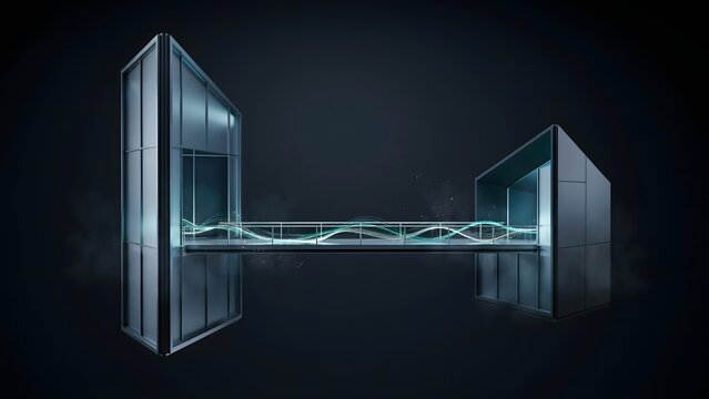 Floating structures connected by light bridge &ndash; Great for advanced technology, data flow concepts, or enterprise networks.