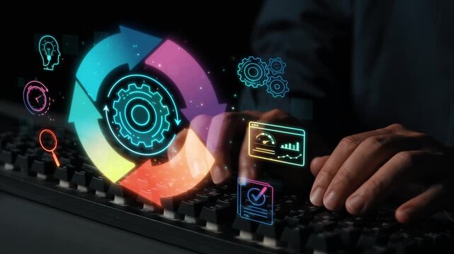 Hands Typing on Keyboard with Digital Interface Representing Data Analysis, Technology, and Business Growth Concepts in Modern Workspace Sigmoid