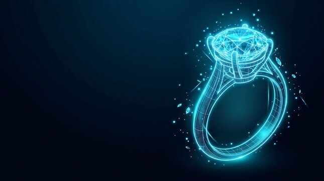 Glowing digital wireframe of a diamond engagement ring made of connected nodes with engagement wireframe abstract technology connection illustration futuristic