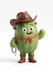 Fototapeta premium Cute Cactus Character Wearing Cowboy Outfit with Hat and Boots.