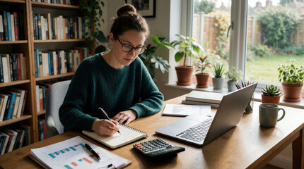 Fototapeta premium Woman reviews finances writing in notebook. She uses laptop calculator at desk near bookshelf. Plants and window view complement home workspace for budgeting or study.