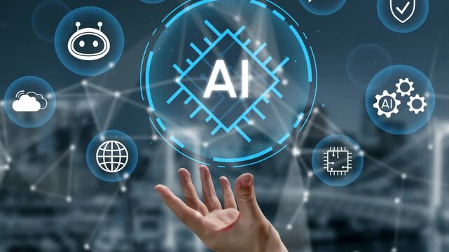 Futuristic Digital Concept Featuring Hand Reaching Toward Circular AI Icons Against a Technology Background Depicting Innovation in Machine Learning and Data Processing. Entropy.