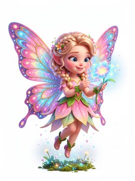 Colorful fairy with rainbow wings and magical sparkles.